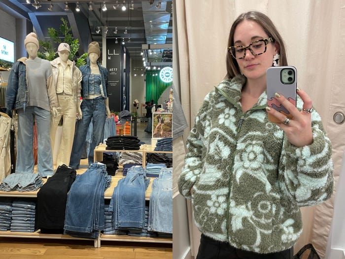 Mannequins in Baggy Jeans und eine Frau in flauschiger Jacke