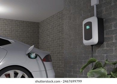 Elektroauto mit Ladekabel an einer Wallbox in der Garage